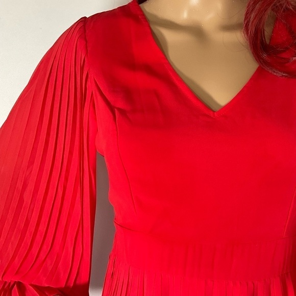 Japna Dress Red Sheer Mini Size S Long Sleeve Pleated - Picture 2 of 6